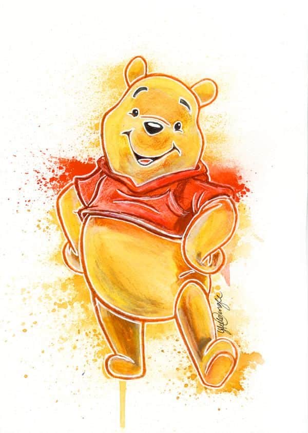 Cute bear character in a red shirt with a playful pose, set against a colorful, artistic splash background.