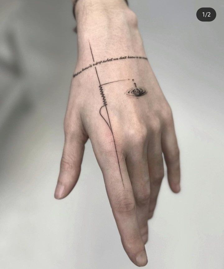 Minimalist line tattoo on hand featuring a ripple and cursive text.