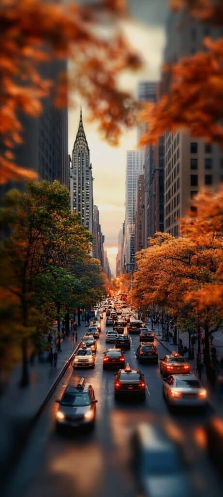 Bustling city street at sunset, lined with autumn trees and traffic, skyscrapers in the background.