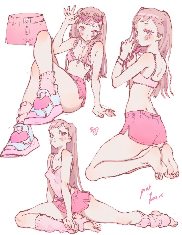 Anime girl in pink outfits, heart sunglasses, and sneakers, sitting in various poses. Fashionable and cute aesthetic.