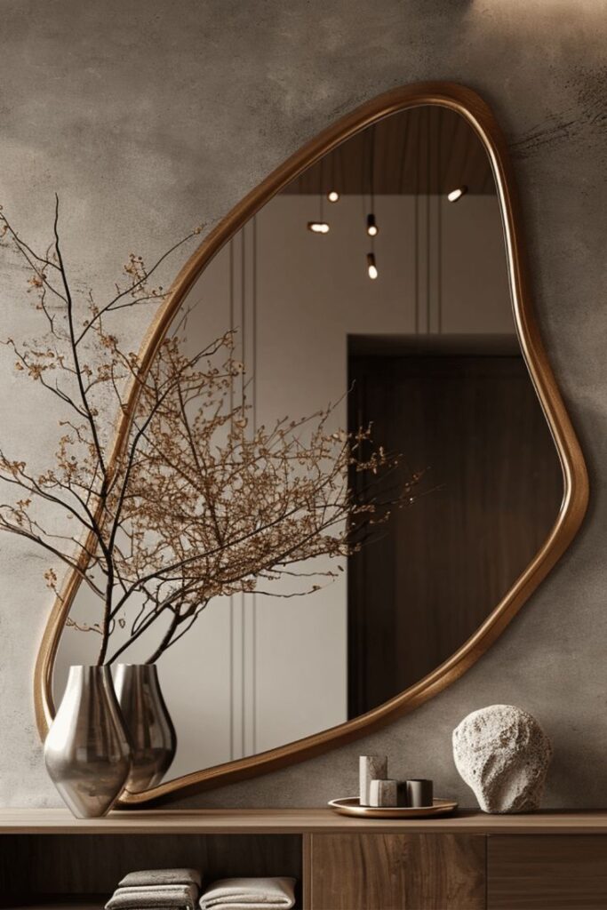 Elegant curved mirror reflecting branches in minimalist decor setting with wooden cabinet and modern vases.