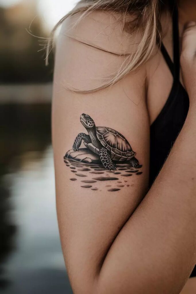 Turtle tattoo on woman's upper arm, featuring detailed shading and a water effect.
