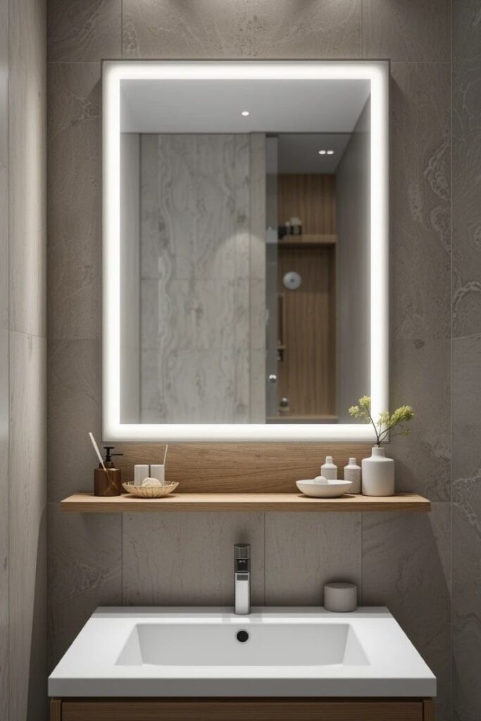 Modern bathroom with illuminated mirror, wooden shelf, and minimalist white sink. Stylish and elegant design.