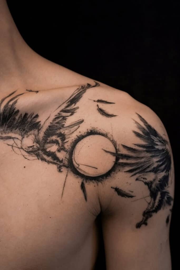Artistic blackbird tattoo on shoulder with abstract design, featuring feathers and a circular element.