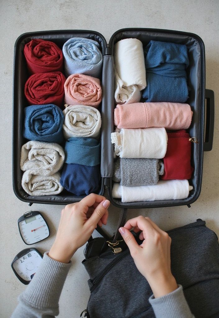 Open suitcase with neatly rolled clothes inside, showcasing efficient packing techniques.