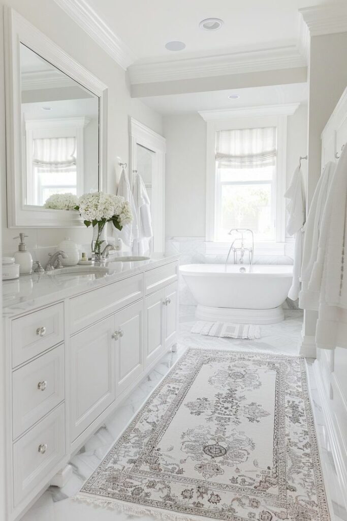 15f60ab9-8af3-482f-a4bf-357abb8ba1ba Luxurious white bathroom with elegant freestanding tub, floral rug, and marble countertops. | Sky Rye Design Luxurious white bathroom with elegant freestanding tub, floral rug, and marble countertops.