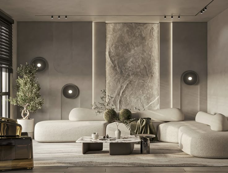 Modern minimalist living room with cozy white sofa, stone wall, stylish plants, and sleek lighting.