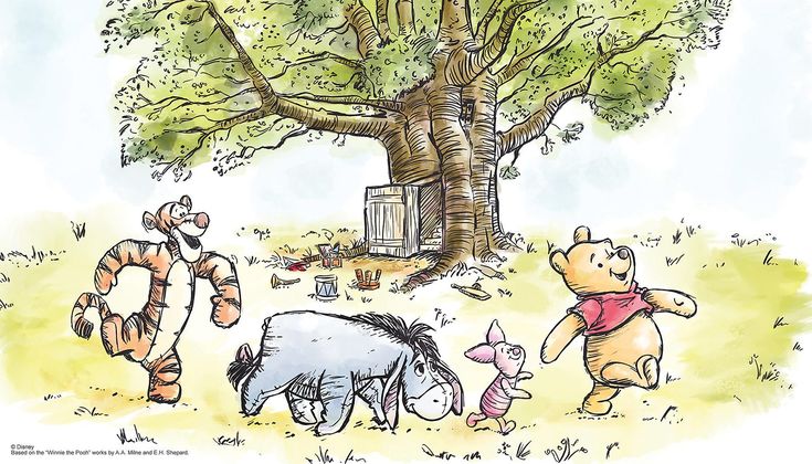 Cartoon animals joyfully walking near a treehouse: tiger, donkey, piglet, and bear in a sunny meadow.