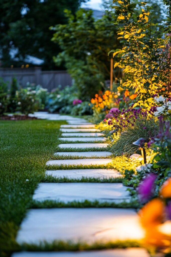 Illuminated garden path with vibrant flowers and lush greenery during evening.