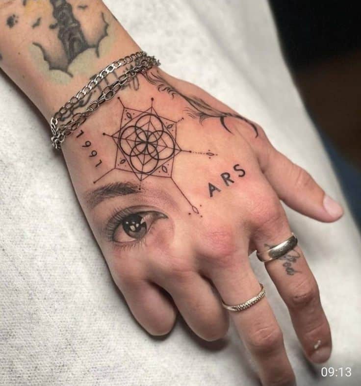 Hand with intricate geometric and eye tattoos, featuring 1991 and ARS text on a light background.