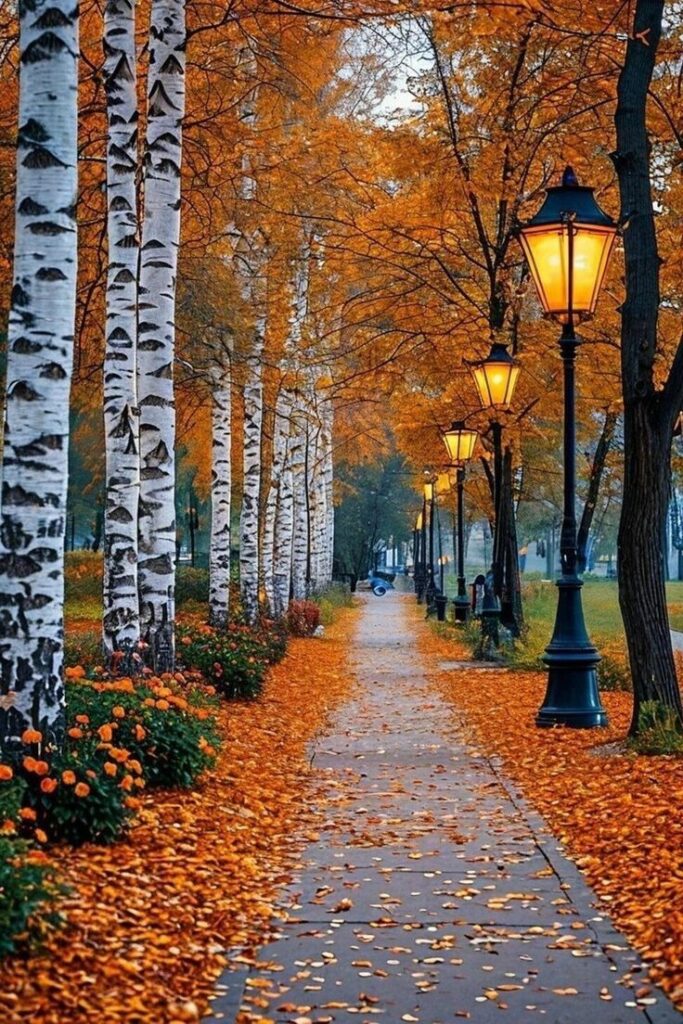 Autumn path lined with birch trees and lampposts, covered in orange leaves. Peaceful evening walk scenery.