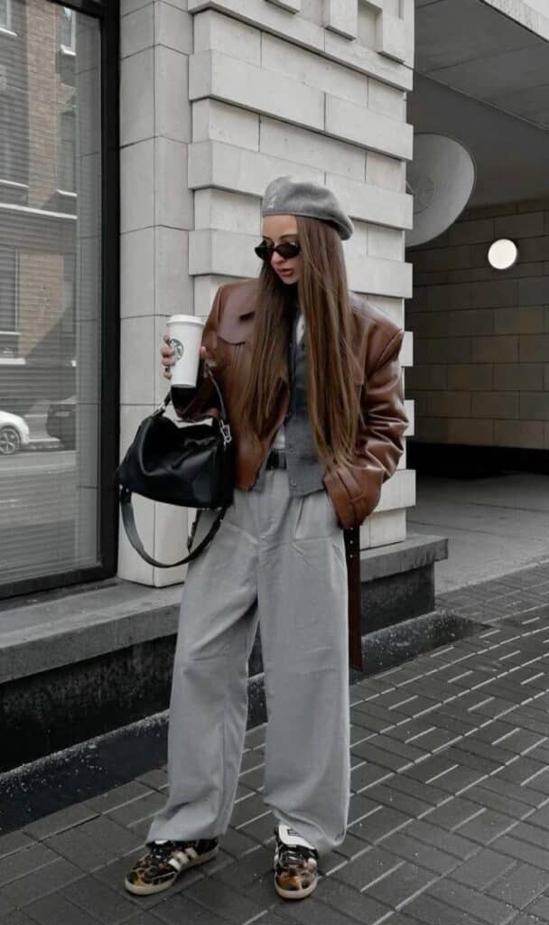 Stylish woman in a leather jacket and beret holding coffee, standing outdoors with a trendy bag.