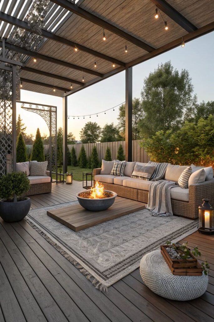 Cozy outdoor patio with fire pit, string lights, and wicker seating, perfect for evening relaxation.