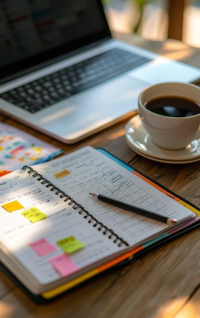 Open planner with sticky notes and pencil beside a laptop and coffee cup on a wooden desk. Perfect productivity setup.