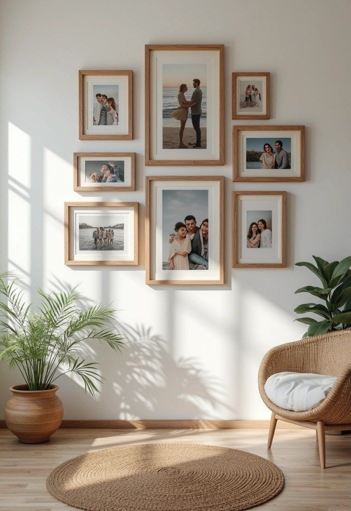 18 Stunning Modern Farmhouse Decor Ideas That Will Transform Your Home Wall adorned with family photo frames, natural light, plants, and cozy chair in modern living space. | Sky Rye Design Wall adorned with family photo frames, natural light, plants, and cozy chair in modern living space.