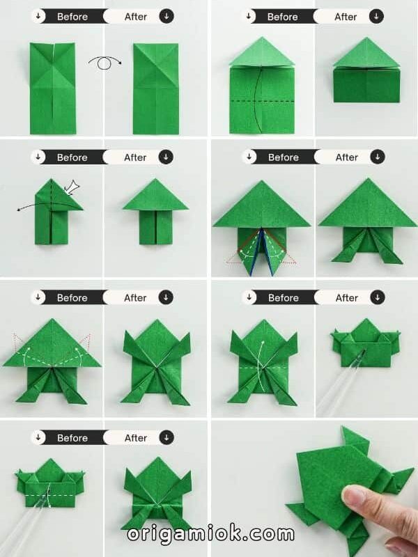 Origami frog folding instructions, showcasing step-by-step process for creating a paper frog easily.
