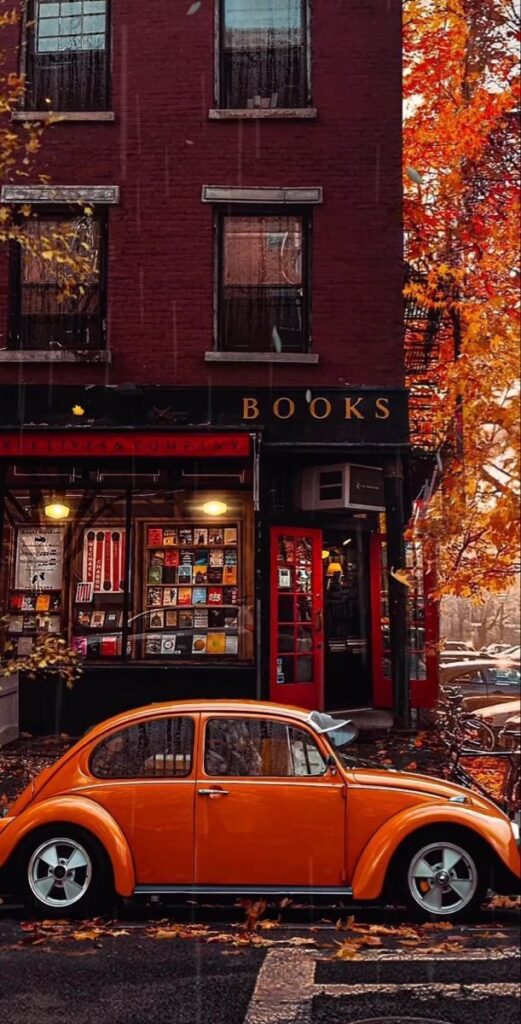 Vintage orange car parked by bookstore in autumn rain, red brick facade and colorful books on display.