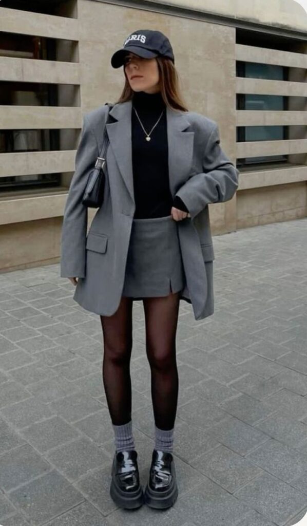 Stylish woman in oversized blazer, black cap, skirt, and platform shoes on a city street. Fashionable urban outfit.