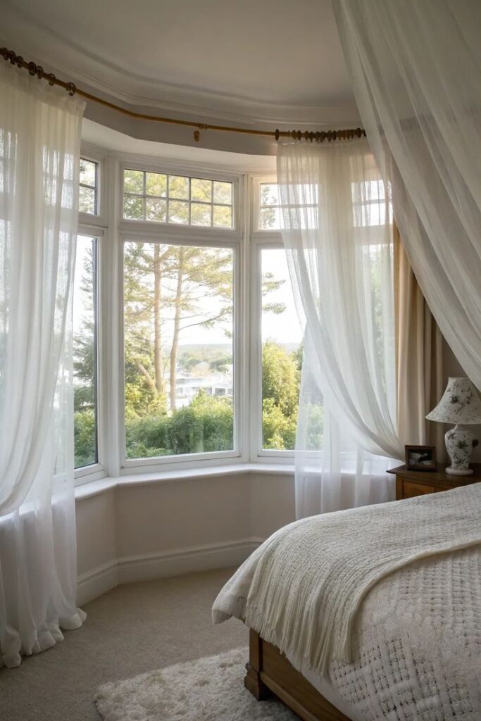 Bright bedroom with large bay windows, airy curtains, and a cozy bed with a textured blanket. Peaceful and inviting.