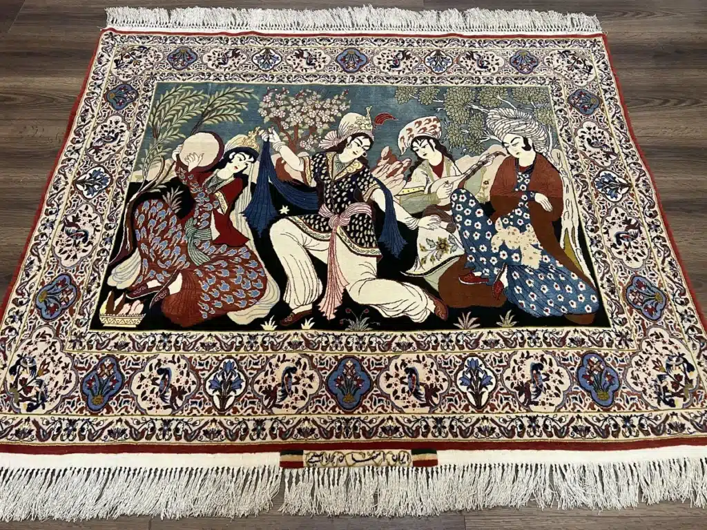 1ad42502-2ed3-572a-a23f-bc872ddd68c0 Intricate Persian rug with detailed figures and floral patterns, featuring rich colors and ornate borders. | Sky Rye Design Intricate Persian rug with detailed figures and floral patterns, featuring rich colors and ornate borders.