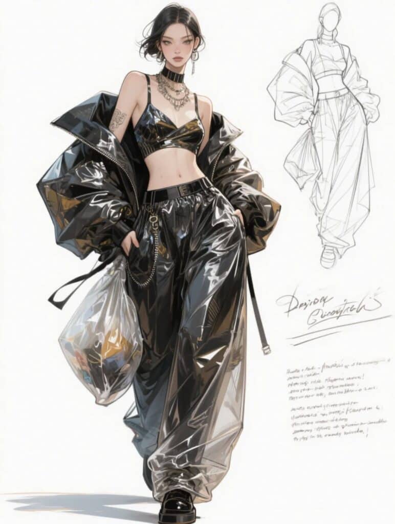 Illustration of a stylish woman in futuristic black outfit with sketch design on the side, showcasing fashion innovation.