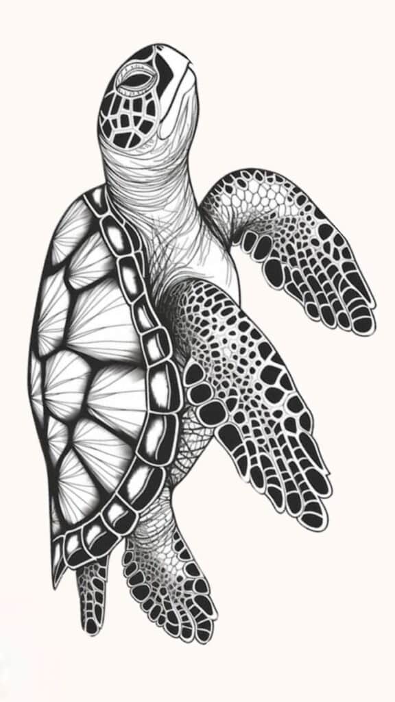 Intricate black and white sea turtle drawing with detailed shell and flippers.