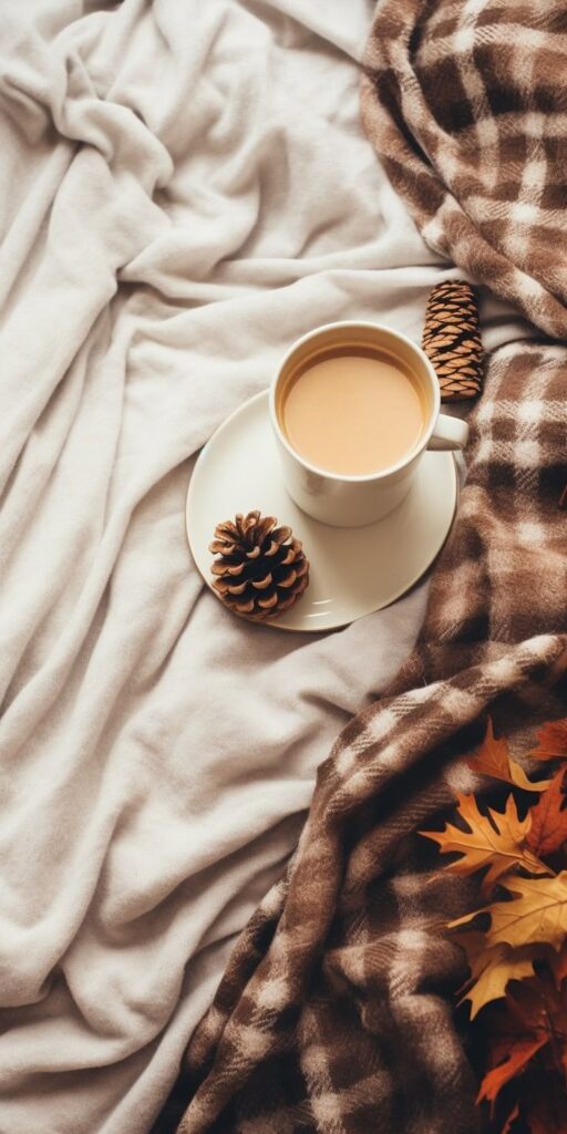 Cozy autumn setup with coffee on a blanket, pinecones, and leaves, perfect for a relaxing fall morning.