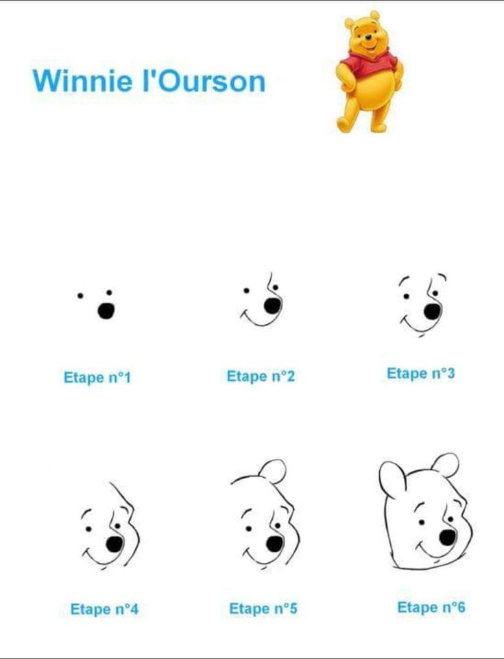 Step-by-step drawing of a cute bear character; progression from dots to full head in six stages.