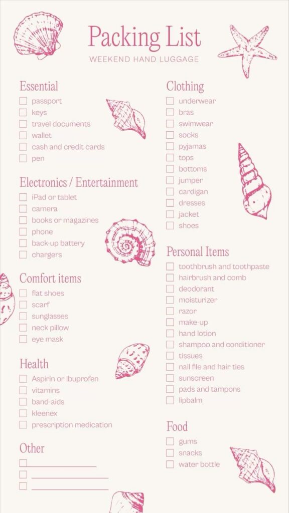 Weekend hand luggage packing list with categories for essentials, clothing, electronics, comfort, and more.