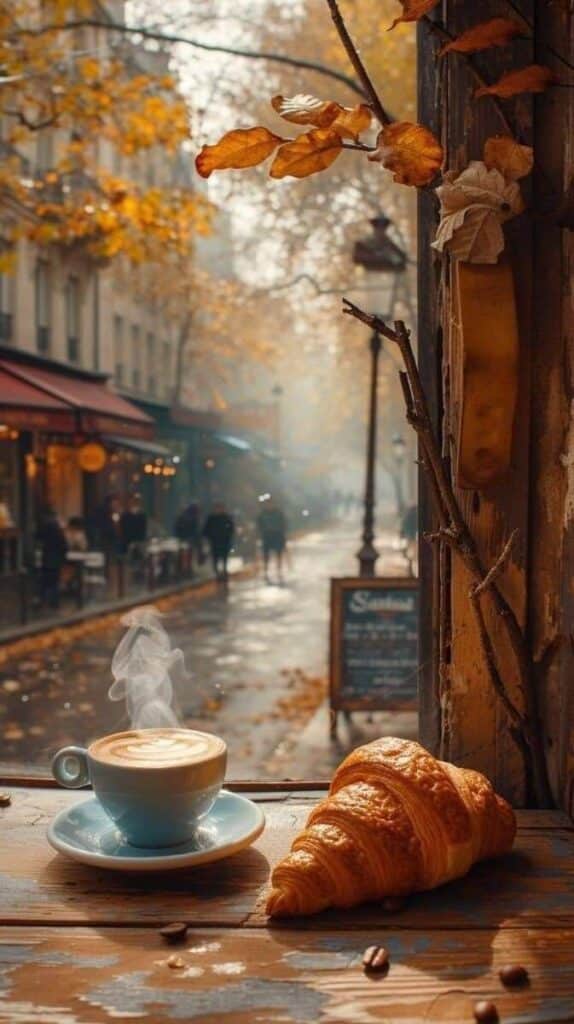Steaming coffee and croissant on a wooden table by a cozy autumn street cafe window. wallpaper