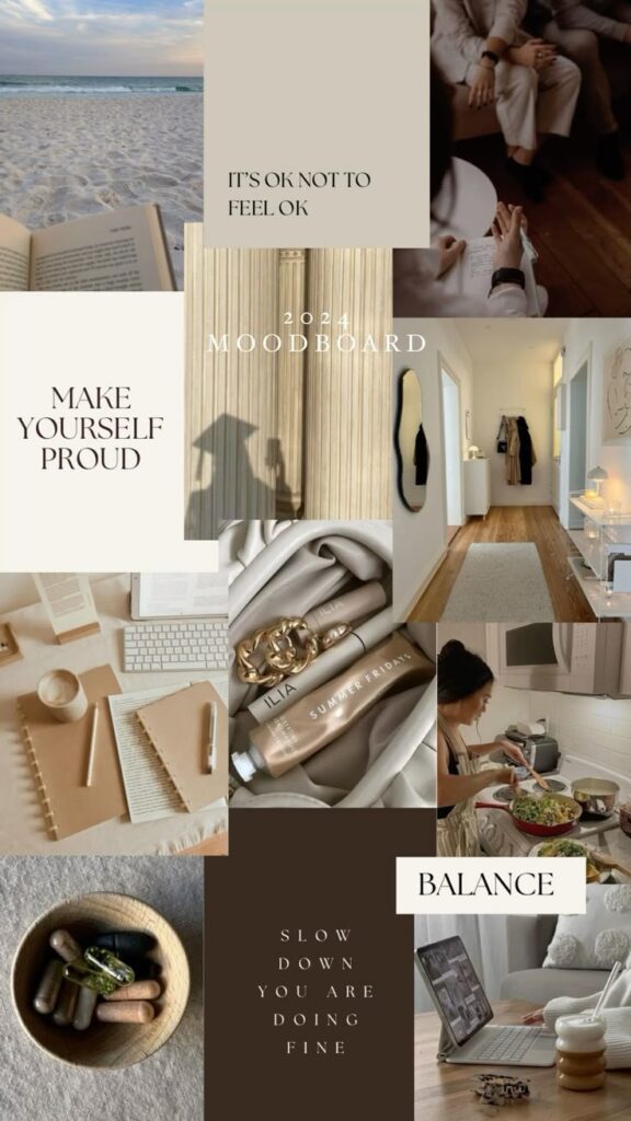 Inspirational 2024 moodboard with beach, quotes, fashion, decor, and wellness themes. Embrace balance and self-care.