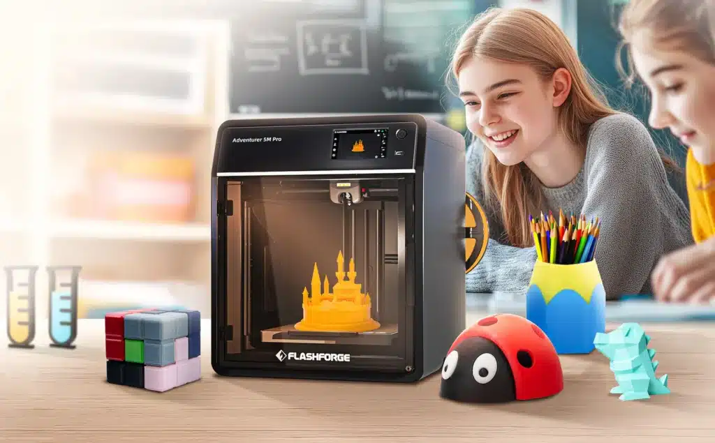 3D printer creating a yellow model with happy students nearby, surrounded by colorful stationery on a classroom desk.