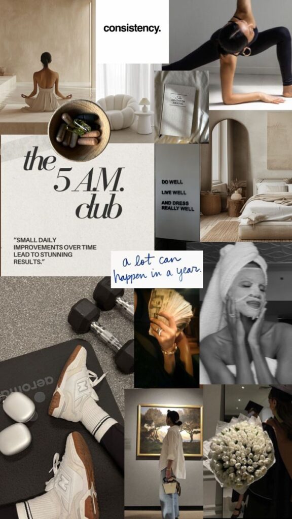 Collage promoting self-improvement: yoga, exercise, financial success, luxury lifestyle, and 5 AM Club motivation.