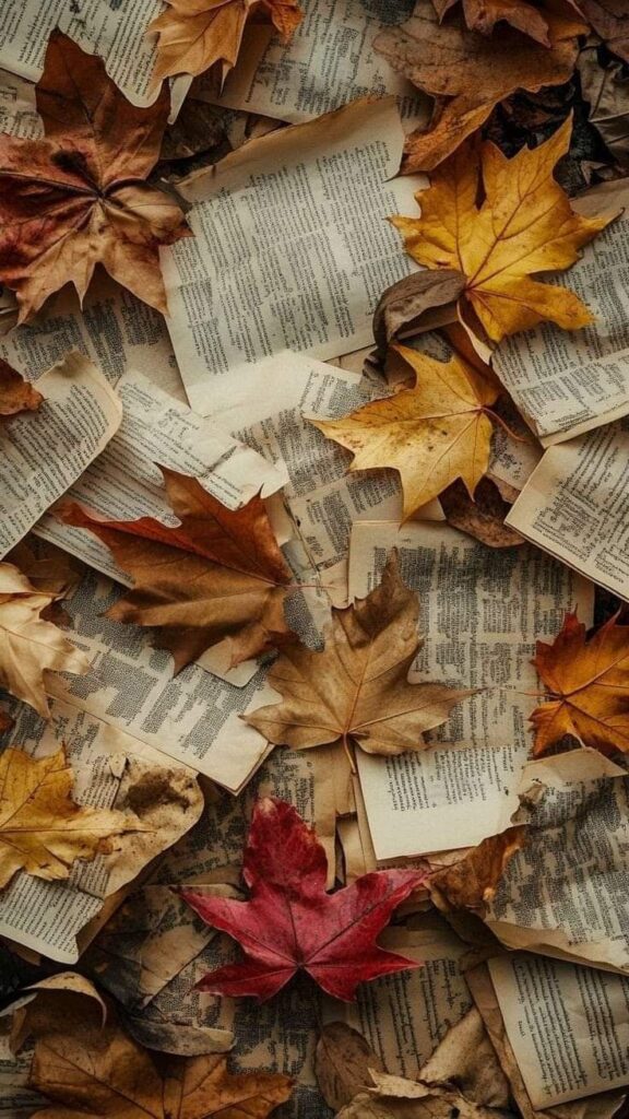 Autumn leaves scattered over vintage book pages, creating a warm, nostalgic fall atmosphere.