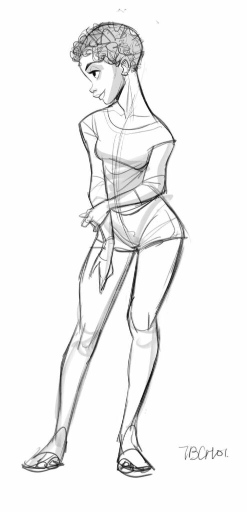 Sketch of a woman with short curly hair, standing with a playful expression, wearing casual clothing and sandals.