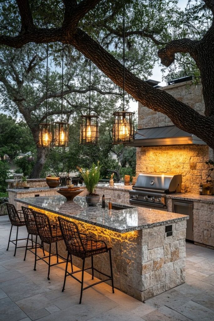 Outdoor kitchen with stone countertops, grill, and hanging lanterns under tree branches, perfect for evening gatherings.