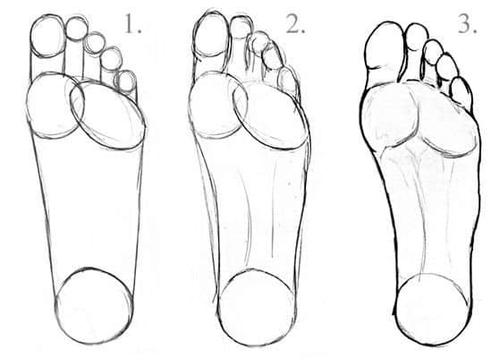 Three artistic sketches of feet illustrations, showing different angles and shading techniques for drawing reference.