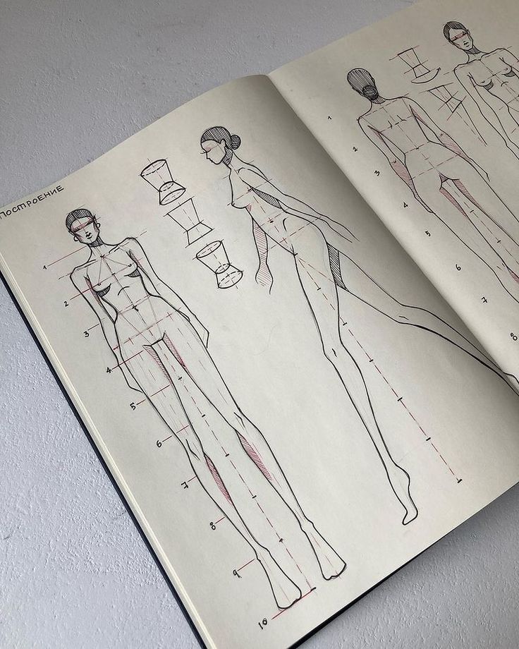 Fashion sketchbook page illustrating human figure proportions and design elements in detailed line drawings.
