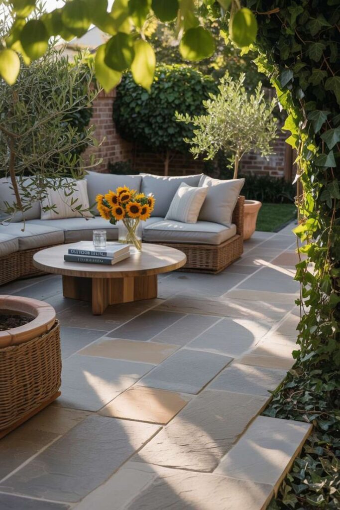Outdoor patio with cozy seating, wooden table, sunflowers, and lush greenery for a serene garden retreat.