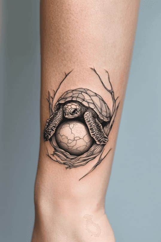 Tattoo of a turtle on an arm, depicting the turtle resting on an egg within a natural, artistic design.