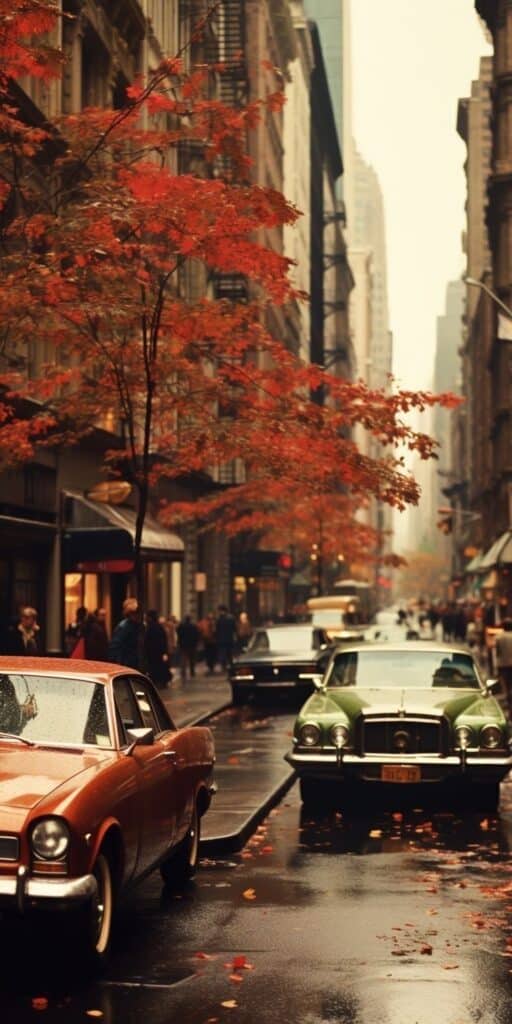 Vintage cars on an autumn city street with orange leaves and wet pavement, capturing a nostalgic urban scene.