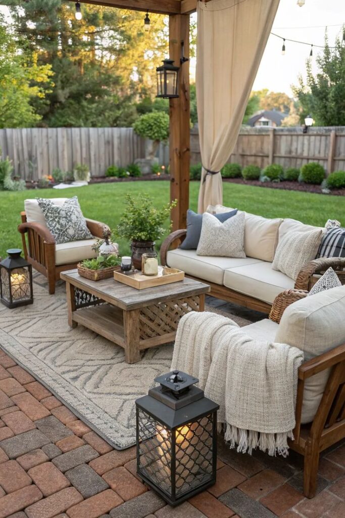 Cozy outdoor patio with wicker furniture, lanterns, and greenery, perfect for a relaxing evening at home.