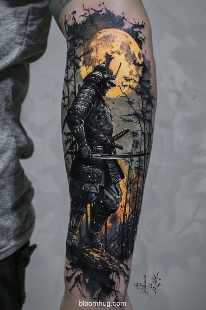 24+ Japanese Samurai Tattoo For Men Ideas Samurai tattoo with detailed armor and full moon background on a forearm. | Sky Rye Design Samurai tattoo with detailed armor and full moon background on a forearm.