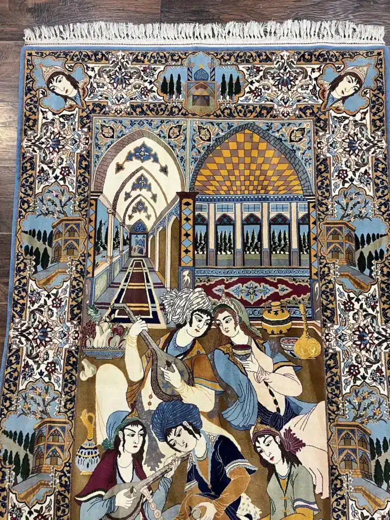 Intricately designed Persian tapestry with musicians and architectural motifs, showcasing cultural artistry.
