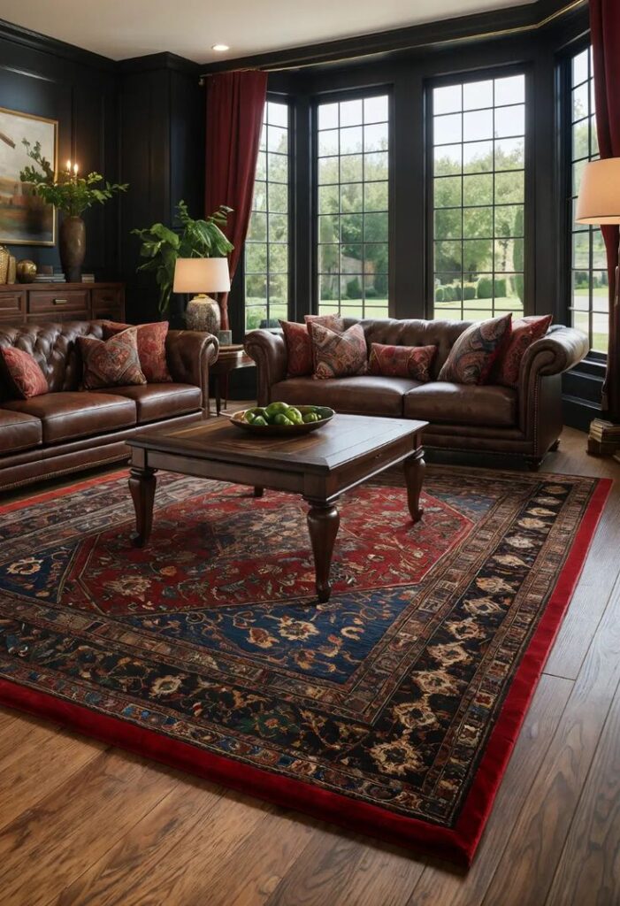 25 Persian Rug Styling Secrets for a Chic Living Room Luxury living room with leather sofas, Persian rug, large windows, and elegant wooden coffee table. | Sky Rye Design Luxury living room with leather sofas, Persian rug, large windows, and elegant wooden coffee table.