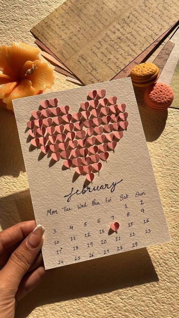 Hand holding a February calendar card with a heart design, surrounded by flowers and cookies.