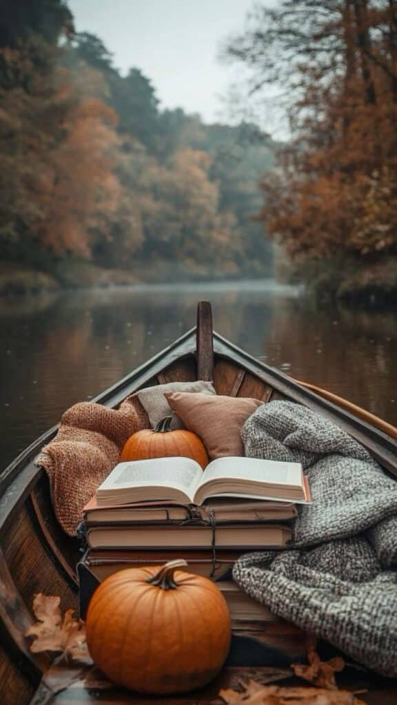 Cozy autumn boat ride with books, pumpkins, pillows, and a blanket on a serene river. Relaxing fall atmosphere.