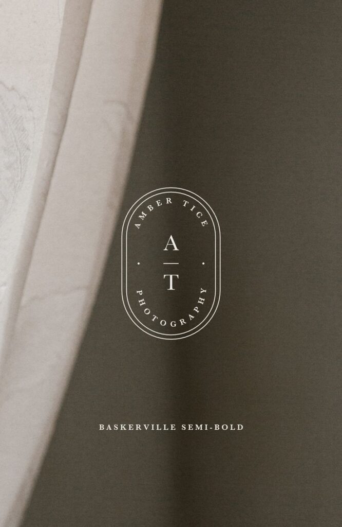Elegant photography logo with initials and Baskerville Semi-Bold text on a textured background.