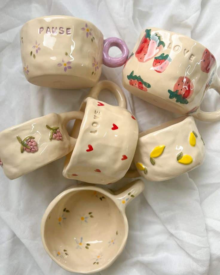 Handmade ceramic mugs with colorful fruit and floral designs on a soft fabric background.
