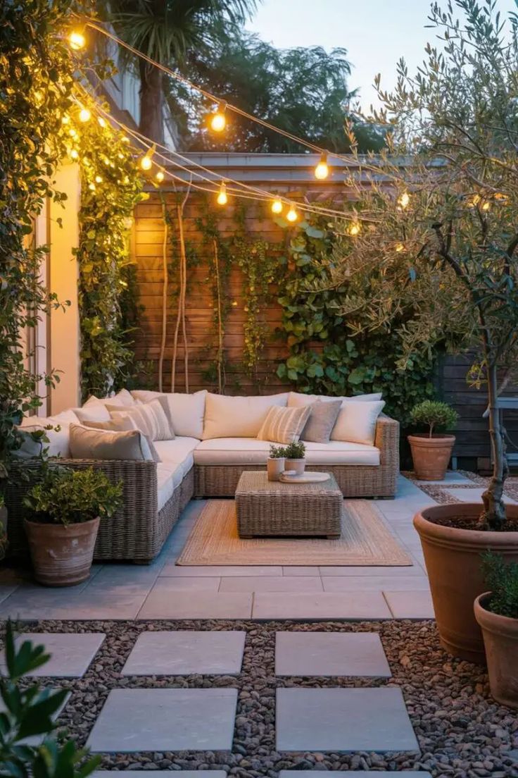 Cozy outdoor patio with a wicker sofa, string lights, potted plants, and a coffee table, creating a warm ambiance.